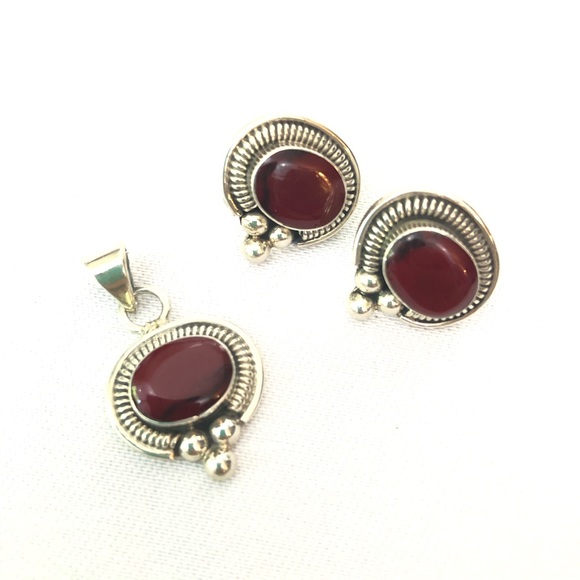 Red Sterling Silver Earring Pendant Set Stamped Mexico 925 - Picture 1 of 7